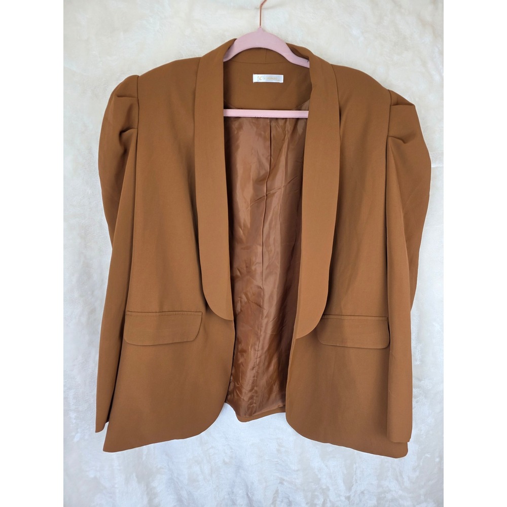 KIRUNDO Women‎ Brown Puff Shoulder Shawl Collar Open Front Blazer Jacket XXL
